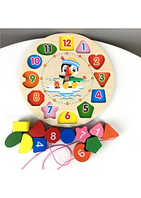 Đồng hồ Gỗ xếp hình học xỏ dây cho bé học đếm giờ phân biệt màu sắc hình khối - Xâu chuỗi hạt bằng gỗ