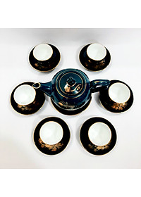 Bộ ấm chén Bát Tràng cao cấp màu xanh Arctic họa tiết hoa sen vẽ vàng 24k