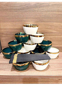 Bộ 6 Bát Sứ Màu Xanh-Trắng Viền Mạ Vàng Cao Cấp- Tặng Kèm Đũa Phong Cách Nhật- Hàng Chính Hãng MINIIN