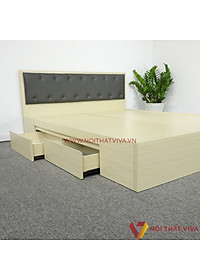Giường Ngủ Gỗ MDF Phủ Melamine Đầu Nệm Đen Có Ngăn Kéo Màu Vàng Kem