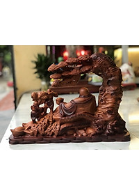 TƯỢNG PHẬT DI LẶC TAM PHÚC NGỰ GỐC CÂY TÙNG BẰNG GỖ HƯƠNG ĐÁ TÔ LÀM MẦU GIẢ CỔ KT 45×32×15CM