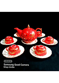 Bộ ấm chén Bát Tràng cao cấp mẫu đơn đỏ vẽ sen vàng