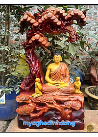 TƯỢNG PHẬT THÍCH CA NGỒI GỐC CÂY TÙNG BẰNG GỖ HƯƠNG ĐÁ TÔ LÀM MẦU GIẢ CỔ KT 50×31×15CM