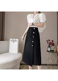 Chân Váy Công Sở New Design Dáng Chữ A Dài Qua Gối Hàng Thiết Kế Cao Cấp Chất Vải Tốt, Co Giãn Màu Đen CV0068