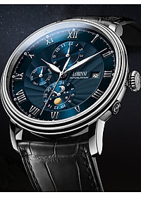Đồng hồ nam chính hãng LOBINNI Ref.1023-3 (Phiên bản đặc biệt Limited) Kính sapphire nguyên khối ,chống xước,chống nước 50m,mặt xanh navy vỏ trắng dây da nâu( đen) xịn, thép không gỉ 316L,Đồng hồ cơ (Automatic),BH 24 tháng,thiết kế sun and moon sang trọng