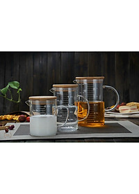 Cốc thủy tinh chia vạch có quai nắp gỗ, ca thủy tinh chia dung tích