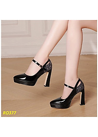 Giày cao gót nữ đẹp đế vuông 9 phân hàng hiệu rosata màu đen da ro377