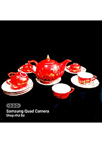 Bộ ấm chén Bát Tràng cao cấp mẫu đơn đỏ vẽ sen vàng