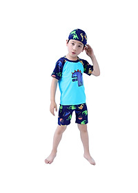 Bộ Đồ Bơi Khủng Long Xanh Dành Cho Bé Trai CaoTừ 85cm - 125cm chất vải Polyeste thân thiện với trẻ em, mau khô, thấm hút mồ hôi tốt, thiết kế thời trang bắt mắt - Tặng kèm nón bơi vải cùng màu