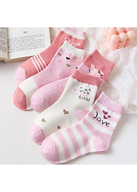 Tất cho bé gái màu hồng họa tiết đáng yêu vớ cổ cao nhiều size cho trẻ em học sinh 4 - 15 tuổi TA16