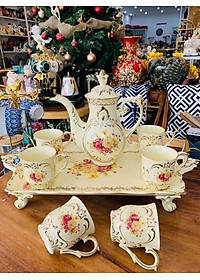 Bộ bình trà sứ phong cách hoàng gia cổ điển màu trắng ngà họa tiết hoa cúc - ANTH603