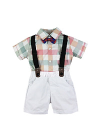 Bộ quần áo sơ sinh bé trai cao cấp, phong cách công tử, sơ mi cộc tay & quần dây đeo, áo cotton mịn mát, quần vải thô dày dặn | MB11