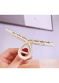 Kẹp tóc kim loại dạng dài ngọc trai đính đá