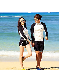 Đồ bơi đôi nam nữ đi biển đẹp, phong cách trẻ trung, áo khoác khóa dài tay, quần sooc đùi thể thao, nữ có áo trong | BN021 | KT021