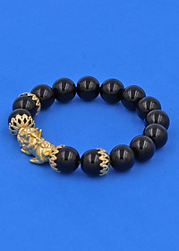 Vòng đeo tay đá Thạch Anh Đen 12 ly - Vòng tay Tỳ Hưu Phong Thủy Chiêu Tài Lộc inox vàng VTAETHBKV12