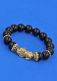 Vòng đeo tay đá Thạch Anh Đen 12 ly - Vòng tay Tỳ Hưu Phong Thủy Chiêu Tài Lộc inox vàng VTAETHBKV12