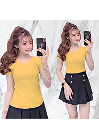 Áo thun nữ trơn cổ tim tay ngắn thun cotton 4 chiều form ôm body MXM ( ANU007 )