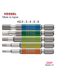 Bộ 05 cái mũi vặn vít đầu lục giác GS5P chuôi lục giác H = 6,35mm Vessel (Nhật Bản)