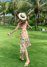 Đầm maxi 2 dây dễ mặc, chất voan mềm mát, họa tiết hoa vàng nhẹ nhàng nữ tính | MX057