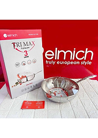 Chảo Inox 304 Cao Cấp 3 Lớp Đáy Liền Elmich Trimax kèm vung kính - Hàng chính hãng