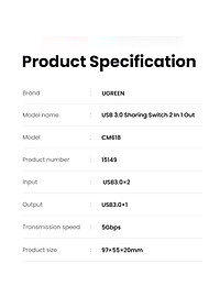 Ugreen UG15149CM618TK 2 vào 1 ra Bộ gộp USB 3.0 hỗ trợ tốc độ 5Gbps kèm 2 cáp 2 đầu USB 3.0 dài 1.5M Màu Đen - HÀNG CHÍNH HÃNG
