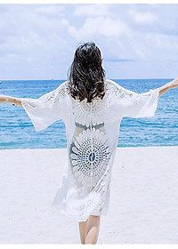 Áo choàng ren đi biển dáng dài, họa tiết hoa hướng dương sang trọng | AR017