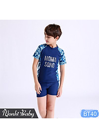 Đồ bơi cho bé trai vừa và lớn size đại đến 55kg, mẫu thun bơi cao cấp, dáng áo cộc tay quần sooc đùi thể thao, có kèm mũ | BT40