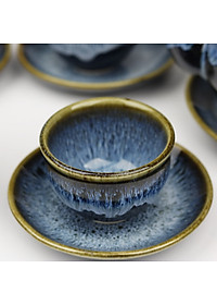 Bộ ấm chén Bát Tràng men Hỏa biến xanh sóng biển