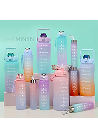 COMBO 3 Bình Nước Chia Vạch Nhắc Uống Nước Cute Sức Chứa Lớn Thể Thao - Chai Nước Bình Nam Nữ Dễ Thương Cốc Uống Nước Dễ Thương 2000Ml + 900Ml + 500Ml - HÀNG CHÍNH HÃNG MINIIN