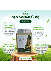 Gạo Basmati India (Ấn Độ) 1121, chỉ số đường huyết (GI) thấp, tốt cho người bị tiểu đường, Túi 5kg
