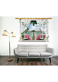 Decal dán tường nguyên miếng cửa sổ hoa đào có rèm SK9020F