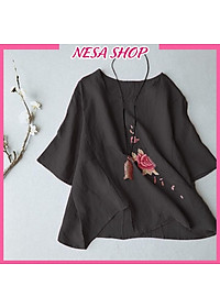 Áo kiểu nữ cổ tròn tay lỡ form rộng thoải mái, chất liệu Đũi cao cấp mềm mịn, mát, hoạ tiết Thêu tỉ mỉ NeSa Shop AKH.57