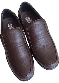 Giày tây nam Trường Hải da bò thật mềm mại không bong tróc không dây mũi tròn màu nâu đế cao su không trơn GT0423