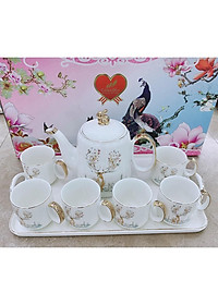 Bộ ấm chén kèm khay sứ pha trà trắng họa tiết hươu rừng