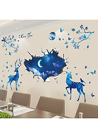 Decal dán tường Mẫu Gia Đình Nai dưới ánh trăng ,có sẵn keo chỉ cần bóc dán