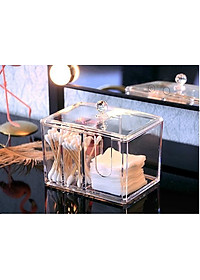 Hộp đựng bông tẩy trang và tăm bông 2 ngăn mica cao cấp 14.5 x 10.5 x 13 cm