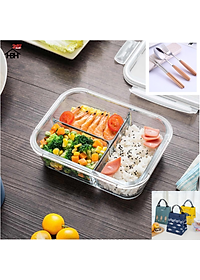 Hộp Cơm Thủy Tinh 3 Ngăn 1050 ml + Túi Cá + Hộp Đũa Thìa Cán gỗ ( Giao màu ngẫu nhiên) cực kì tiện lợi