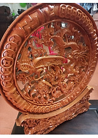 Đĩa trang trí phong thủy trạm khắc tứ linh bằng gỗ hương đá mặt rộng 40×4cm