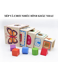 Đồ chơi lồng hộp vuông thả khối, đồ chơi tháp xếp chồng thả hình khối tập đếm gỗ đa chức năng thông minh cho bé