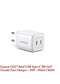 Ugreen UG15327CD294TK 45W 2C GaN chuẩn cắm EU chân tròn Màu Trắng Củ sạc nhanh 2 cổng USB-C - HÀNG CHÍNH HÃNG