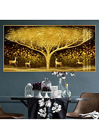 Tranh treo tường tráng gương nai vàng bên cây decor trang trí cầu thang, phòng khách, phòng ngủ có khung cao cấp khổ lớn