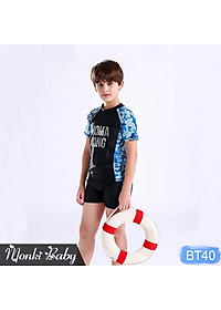 Đồ bơi cho bé trai vừa và lớn size đại đến 55kg, mẫu thun bơi cao cấp, dáng áo cộc tay quần sooc đùi thể thao, có kèm mũ | BT40
