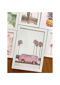 Bộ khung 06 tranh phong cảnh tông màu hồng pastel treo tường, trang trí  phòng khách, phòng ngủ - Tặng set đinh treo tranh chuyên dụng và khung bo ngoài màu trắng