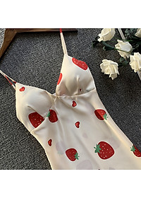 Q121 Váy ngủ lụa hai dây dâu tây kèm mút ngực sexy  - Đầm ngủ lụa dâu tây gợi cảm - Váy ngủ