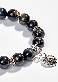 Vòng Mắt Hổ Xanh Đen Phối Charm Hoa Sen Bạc (10mm) Ngọc Quý Gemstones