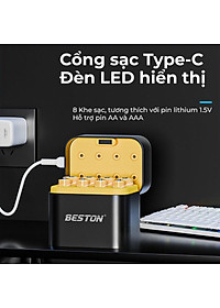 Sạc pin Beston AA AAA M7037 1.5V dùng cho pin 2A 3A 8 khe, cổng USB-C, sạc nhanh tự ngắt thông minh