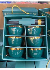 Bộ 6 Bát Sứ Màu Xanh-Trắng Viền Mạ Vàng Cao Cấp- Tặng Kèm Đũa Phong Cách Nhật- Hàng Chính Hãng MINIIN