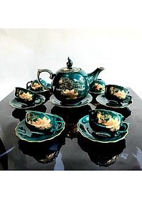 Bộ ấm chén Bát Tràng cao cấp phú quý Mallard màu xanh Arctic họa tiết hoa sen vẽ vàng 24k 