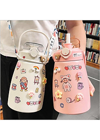 Bình Nước Giữ Nhiệt Cute 800ml Chất Liệu Inox 304 Giữ Nhiệt Không Gỉ Nóng Lạnh 24 Giờ Kèm Ống Hút Và Sticker - Hàng Loại 1 - Chính Hãng MINIIN