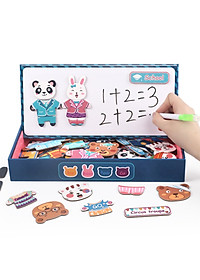 Bộ Đồ Chơi Xếp Hình thay quần áo gia đình nhà Thỏ- Gấu- Động Vật- Chất liệu gỗ, có nam châm